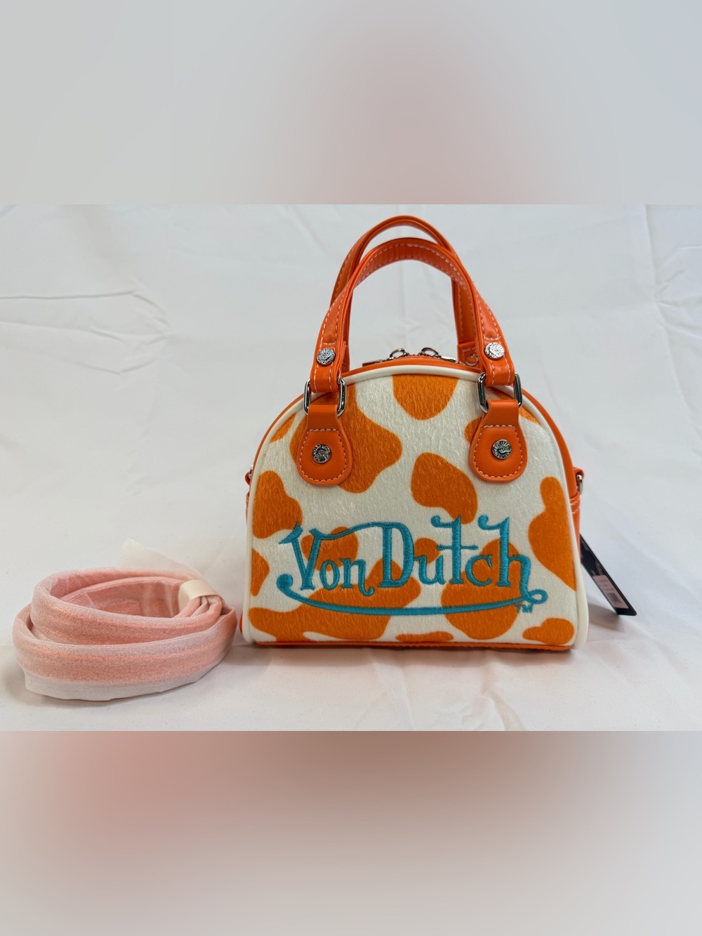 Von Dutch Womens Cow Print Bowling Bag Y2K Miami Dolphins colors, NWT